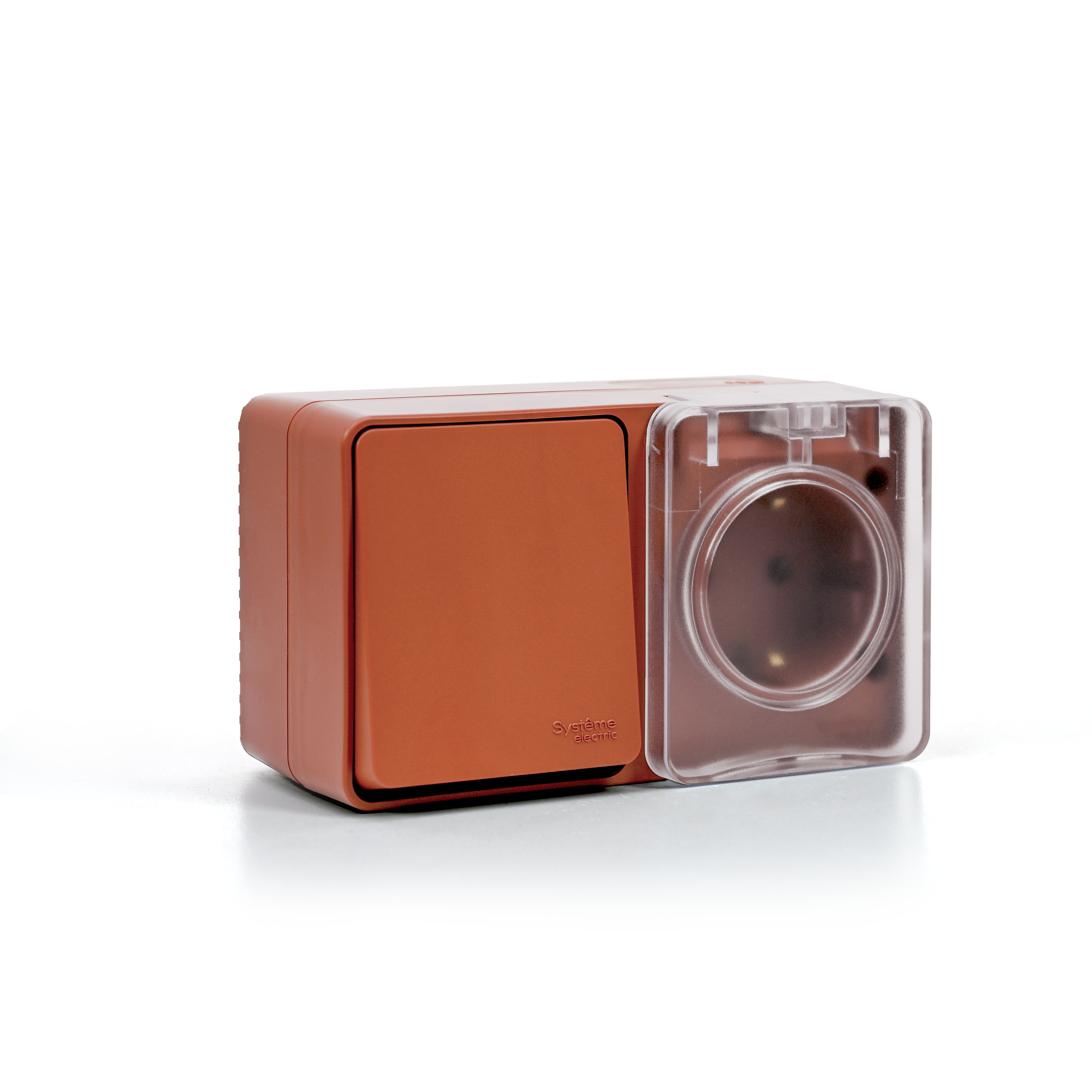 ATLASDESIGN PROFI IP54 О/У БЛОК: РОЗЕТКА с заземл. со шт., 16А, ВЫКЛЮЧАТЕЛЬ 1-клав., 10АХ, ТЕРРАКОТОВЫЙ