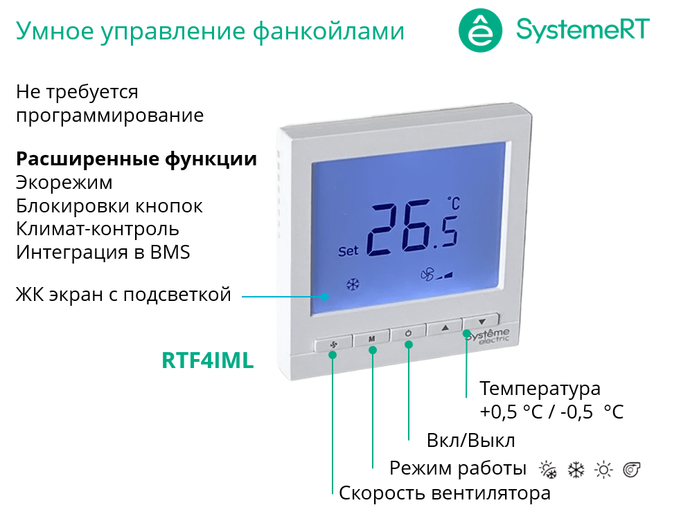 Термостат комнатный цифровой, О/Н/В/А для 4тр 3ск FCU и 2-поз.клап, 1UI 5DO Modbus ~230В BS бел