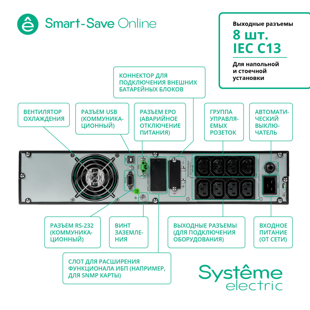ИБП Smart-Save Online SRT Systeme Electric 2КВА XL RT 2U 230В 8 C13 SmSlot кортк
