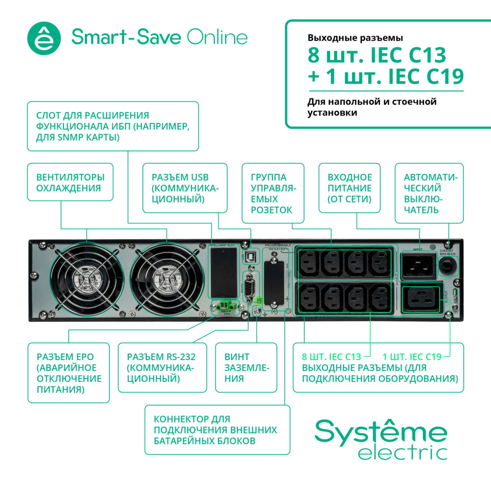 ИБП Smart-Save Online SRT Systeme Electric 3КВА XL RT 2U 230В 8 C13+1 С19 SmSlot