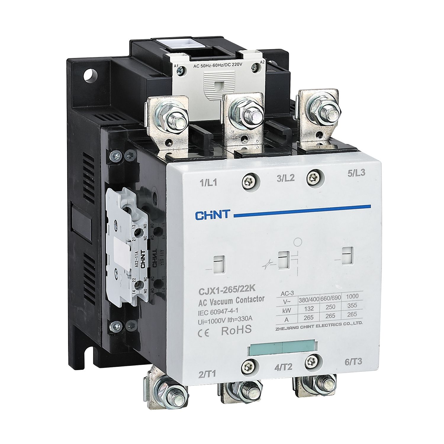 Контактор вакуумный CJX1-265/22K 265А(АС3) 2НО+2НЗ AC/DC 220В 50/60Гц